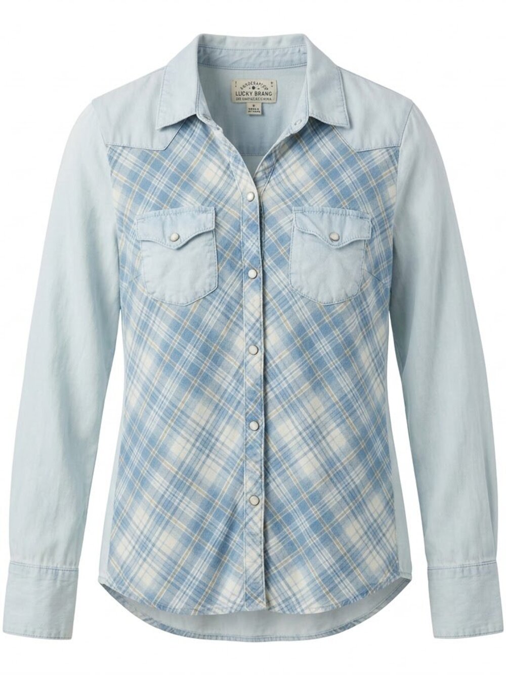 Lucky Brand Western Shirt Womens S Pearl Snap Plaid Patchwork Boho Cowgirl Blue